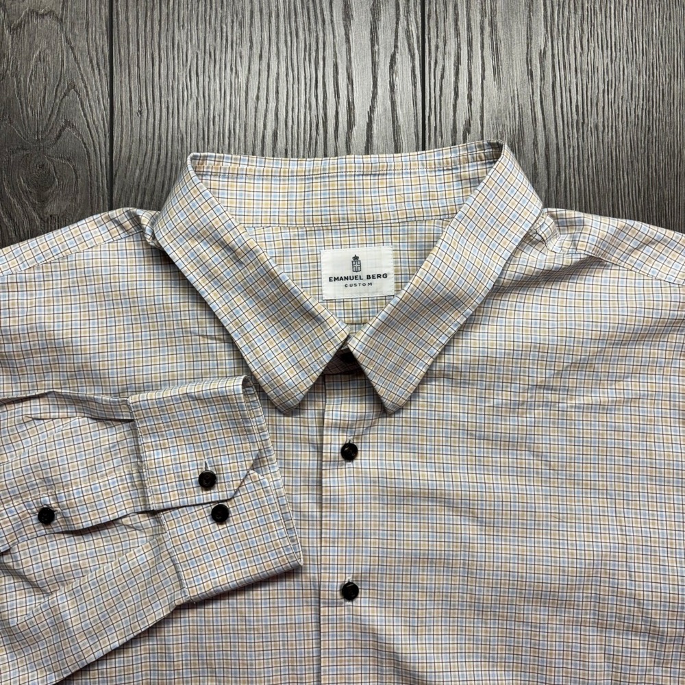 Emanuel Berg Custom XXL Mens Dress Shirt Tan Micro Check Cotton Hidden Button